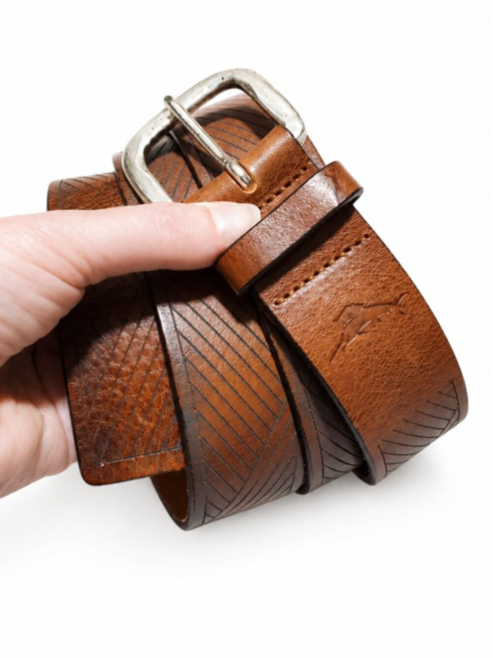 TOMMY BAHAMA Embossed Diagonal Stripe Leather Belt Brown 42 Preppy Golf Classic